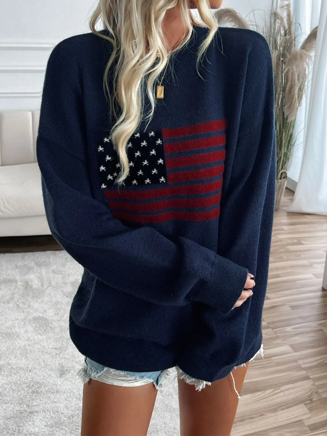 Proud To Be An American Flag Round Neck Long Sleeve Knit Top