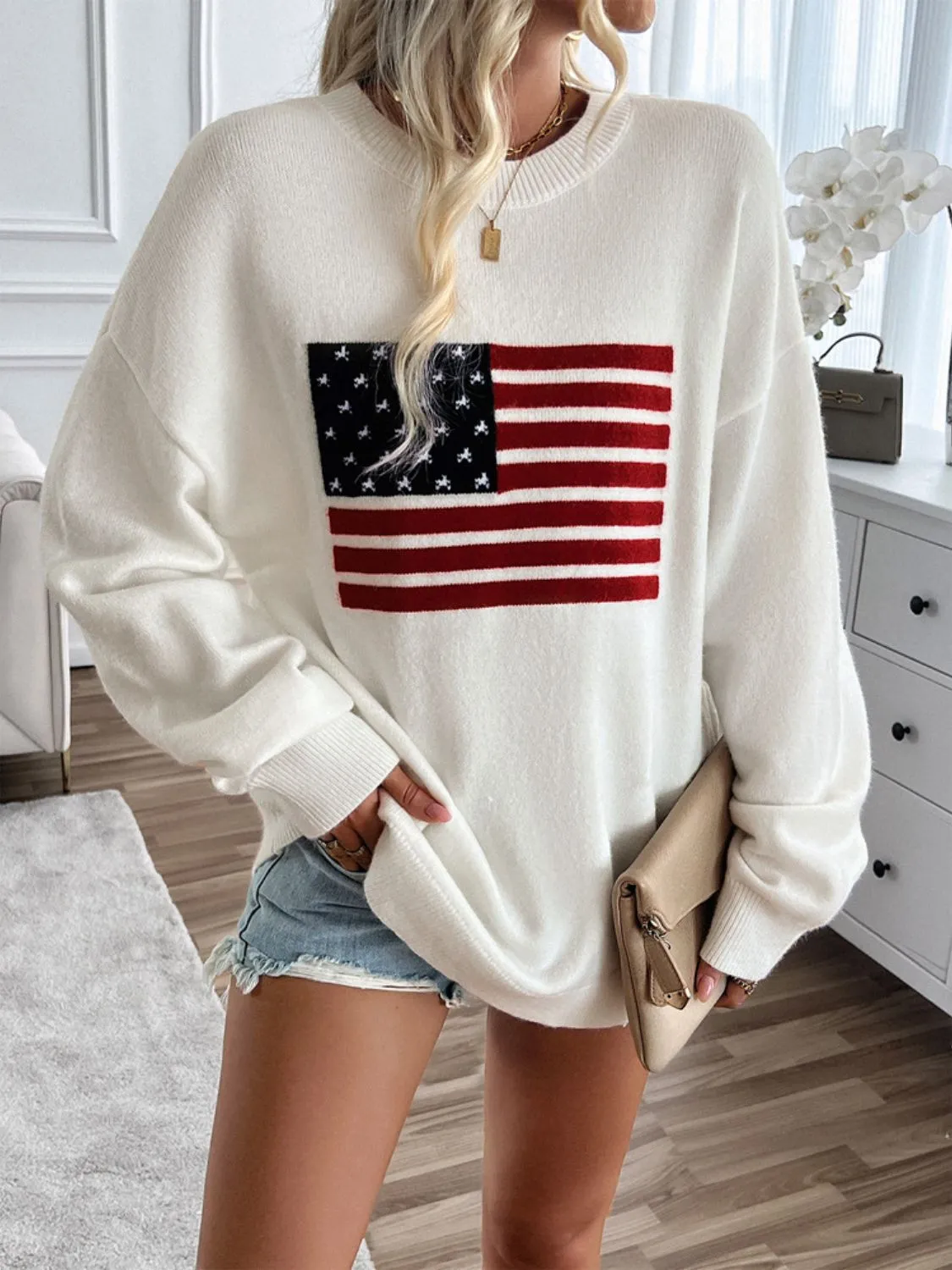 Proud To Be An American Flag Round Neck Long Sleeve Knit Top