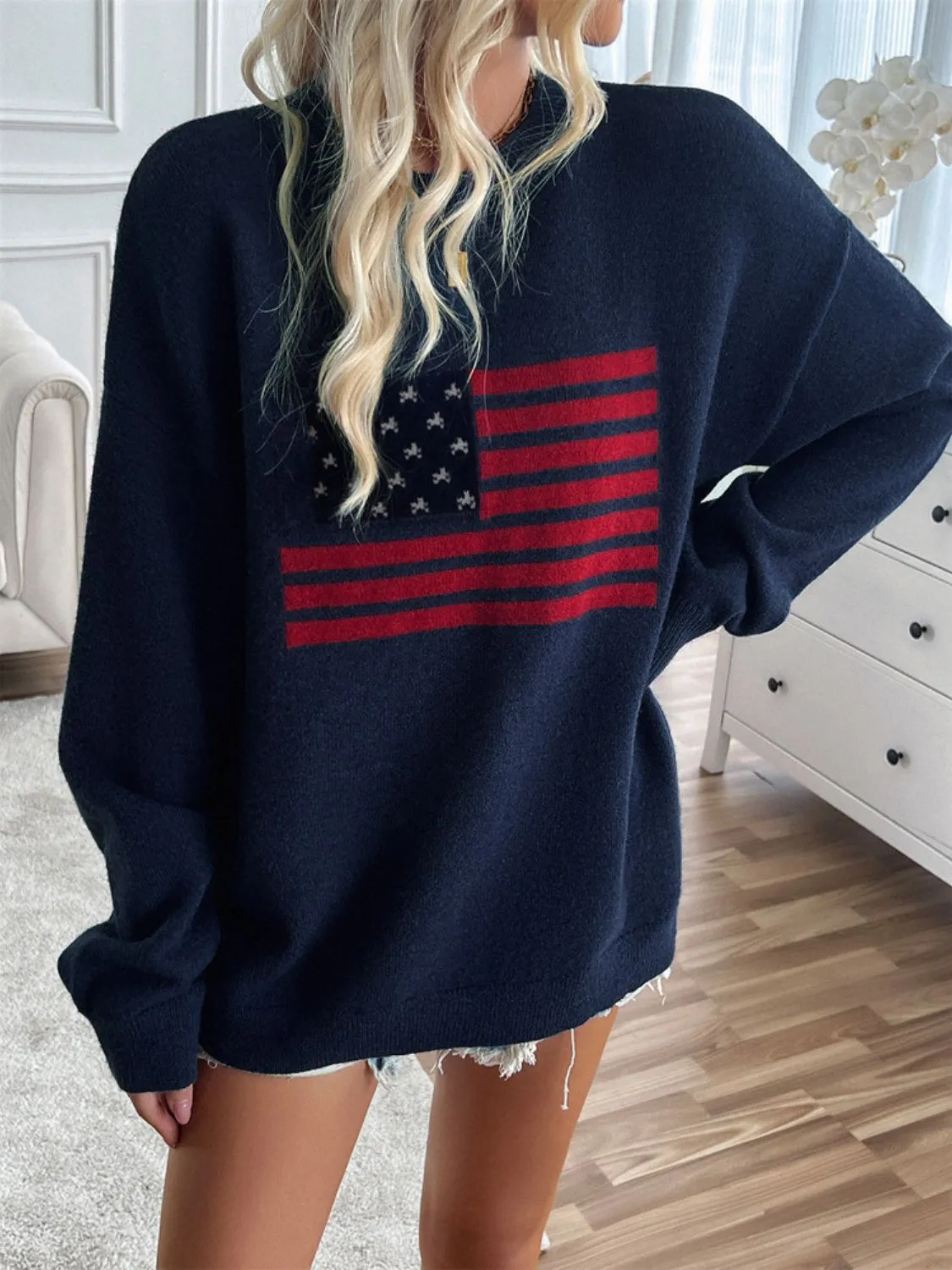 Proud To Be An American Flag Round Neck Long Sleeve Knit Top