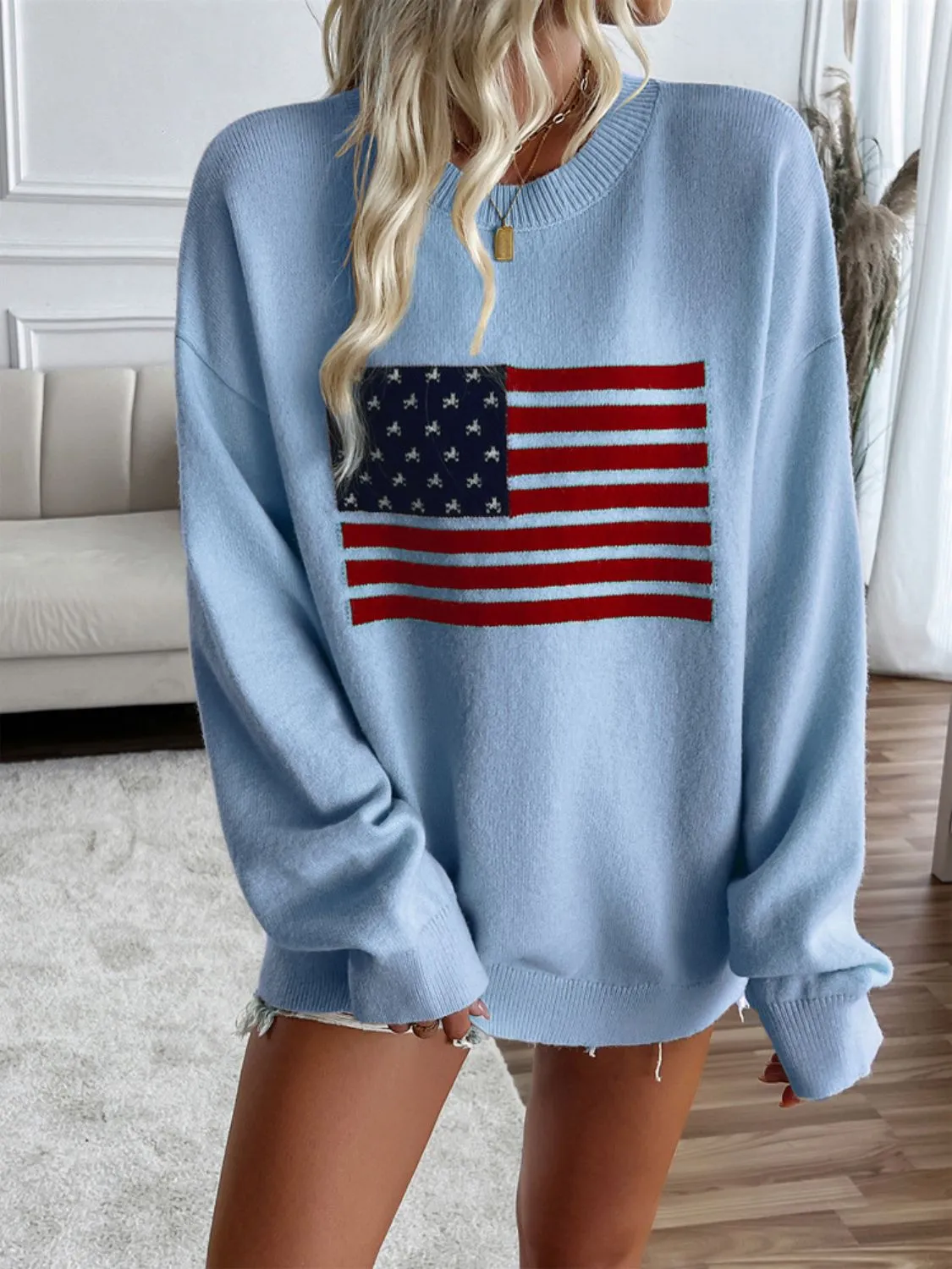 Proud To Be An American Flag Round Neck Long Sleeve Knit Top