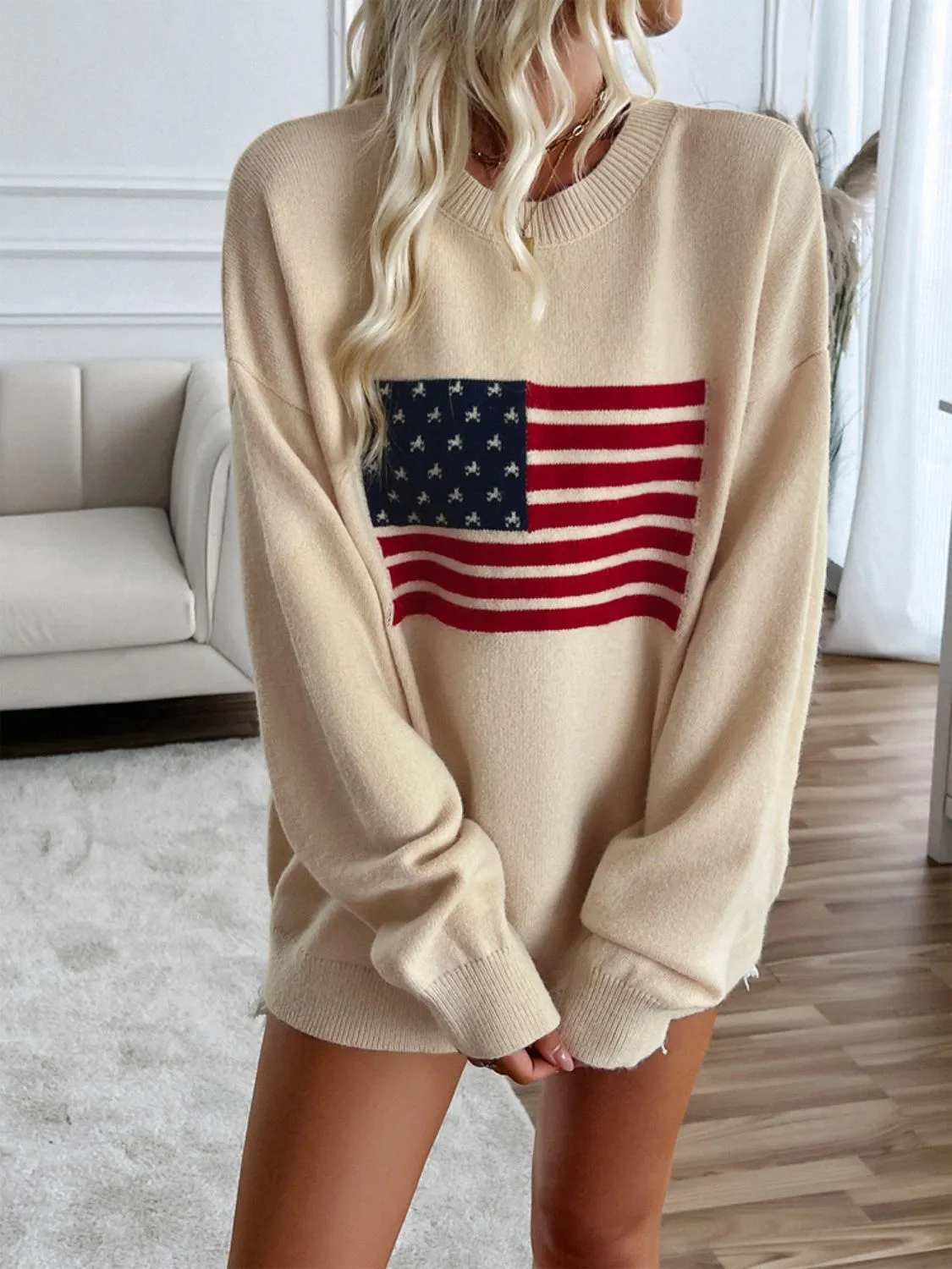 Proud To Be An American Flag Round Neck Long Sleeve Knit Top