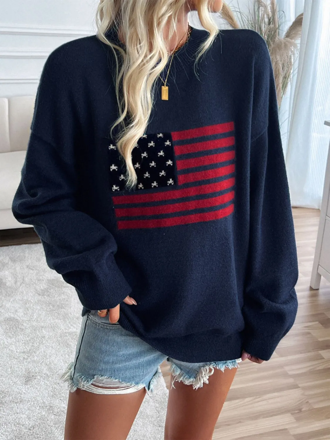 Proud To Be An American Flag Round Neck Long Sleeve Knit Top