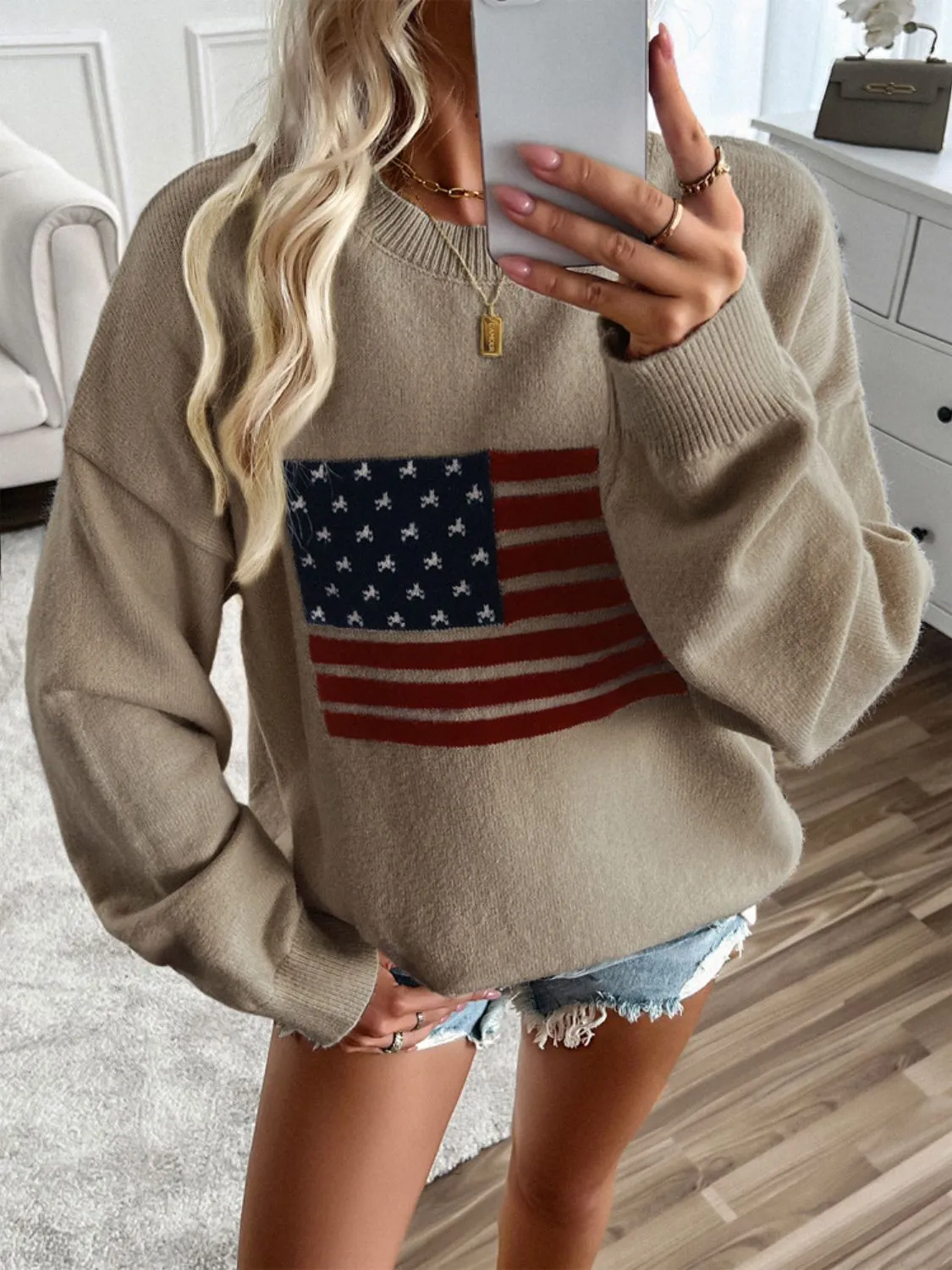 Proud To Be An American Flag Round Neck Long Sleeve Knit Top