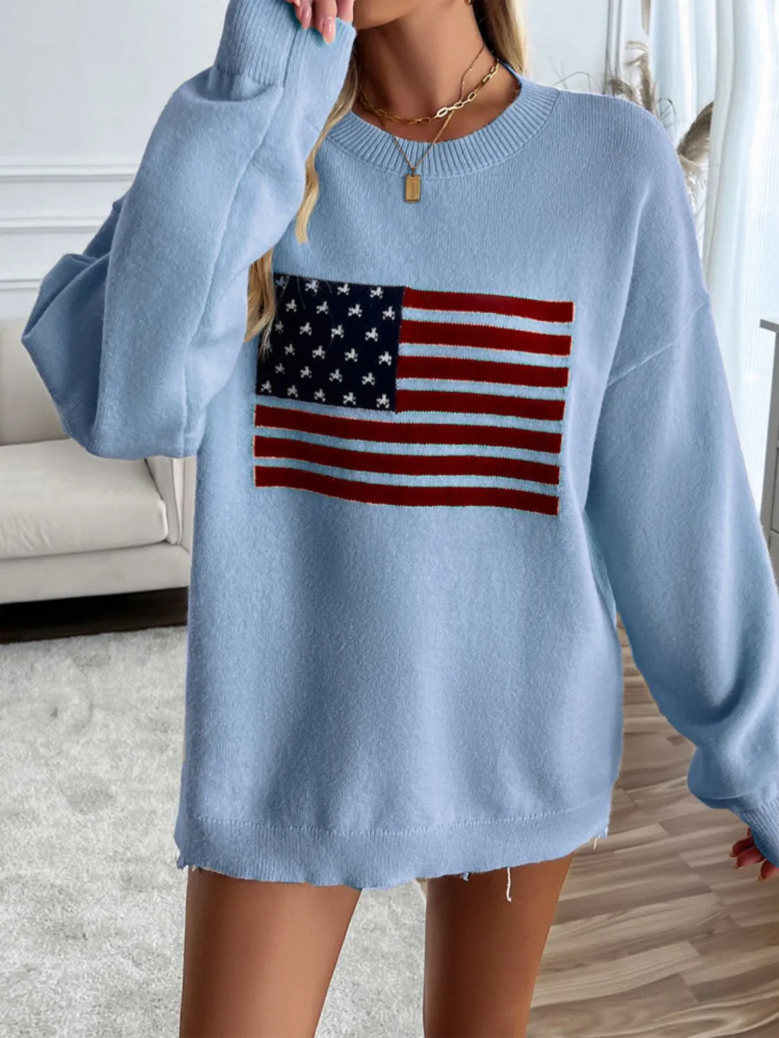 Proud To Be An American Flag Round Neck Long Sleeve Knit Top