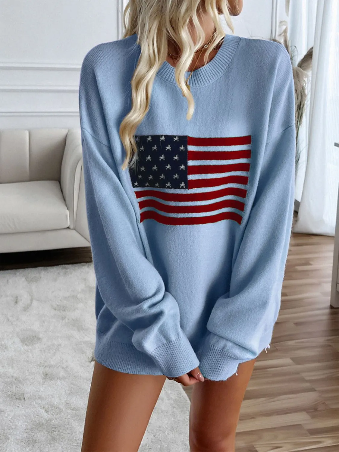 Proud To Be An American Flag Round Neck Long Sleeve Knit Top