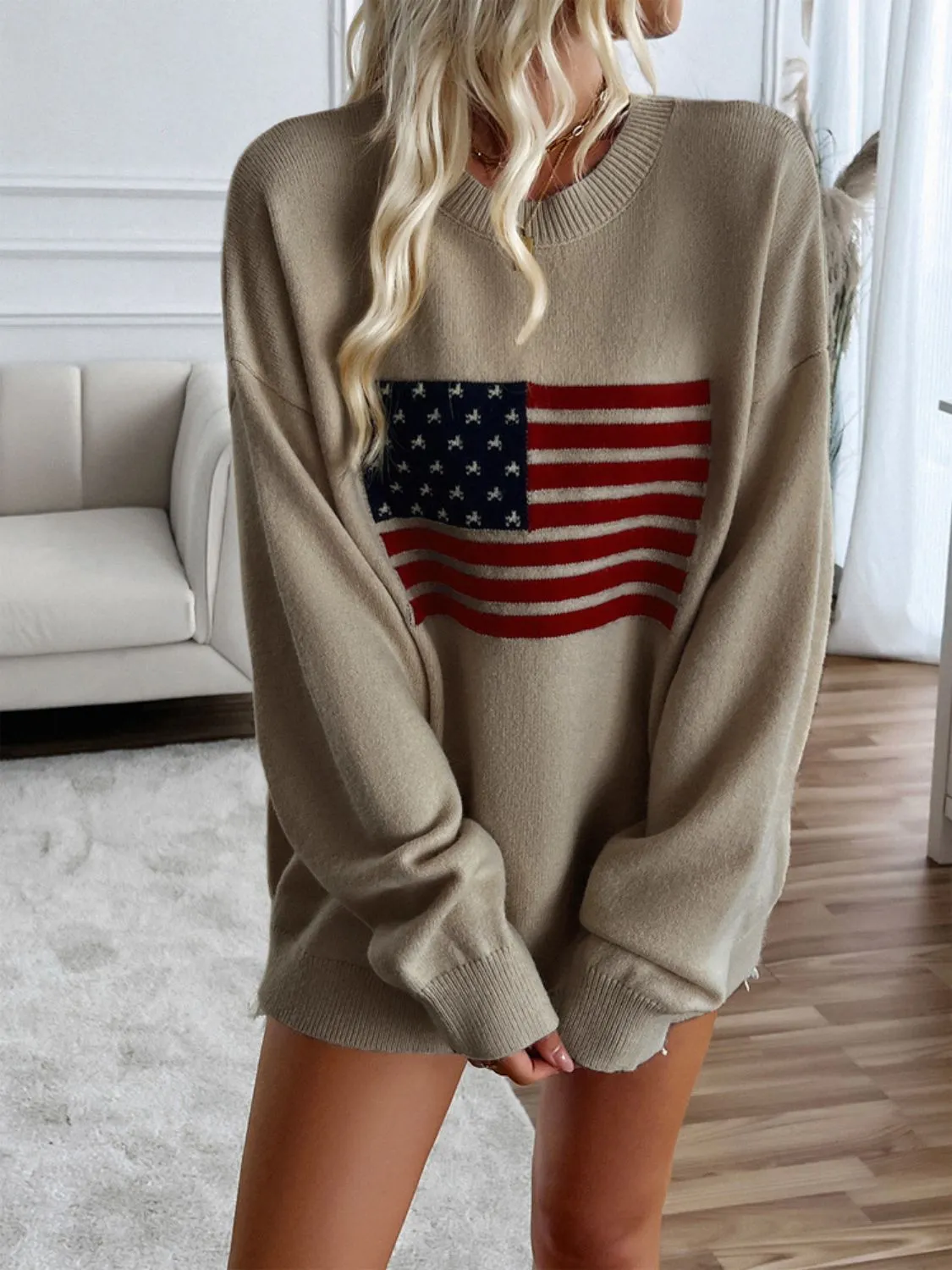 Proud To Be An American Flag Round Neck Long Sleeve Knit Top