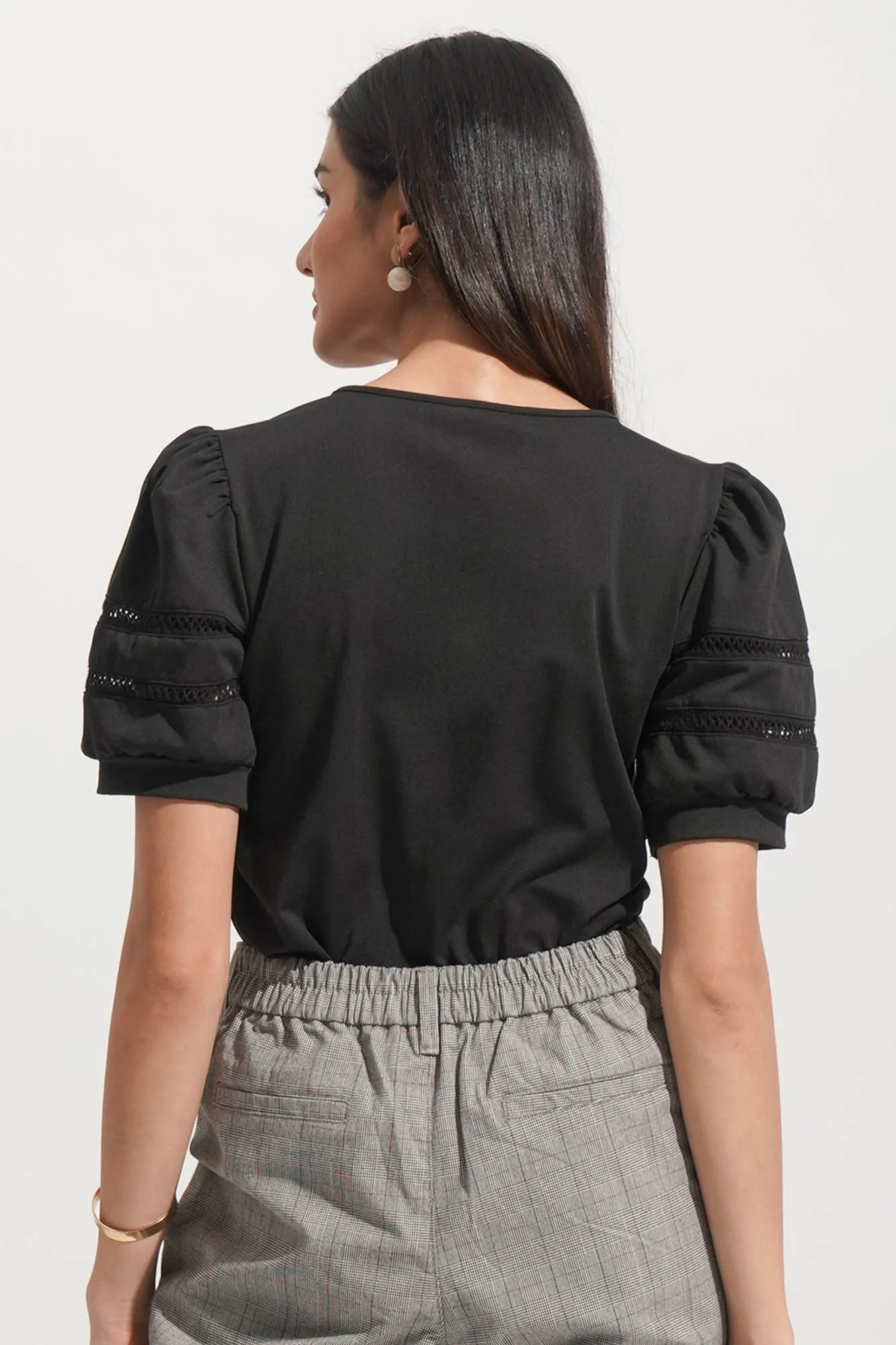 Puff Sleeve Tee with Openwork Detail