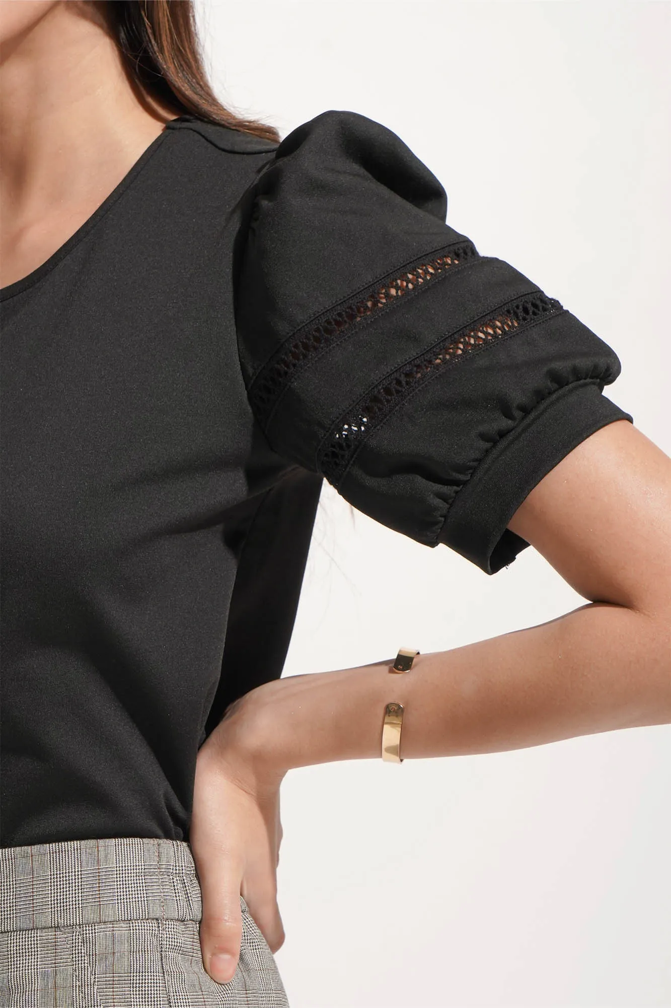Puff Sleeve Tee with Openwork Detail