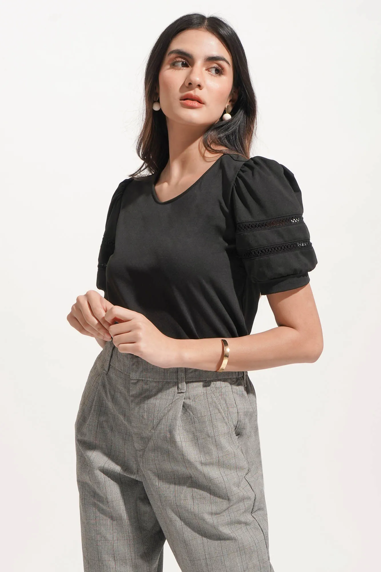 Puff Sleeve Tee with Openwork Detail