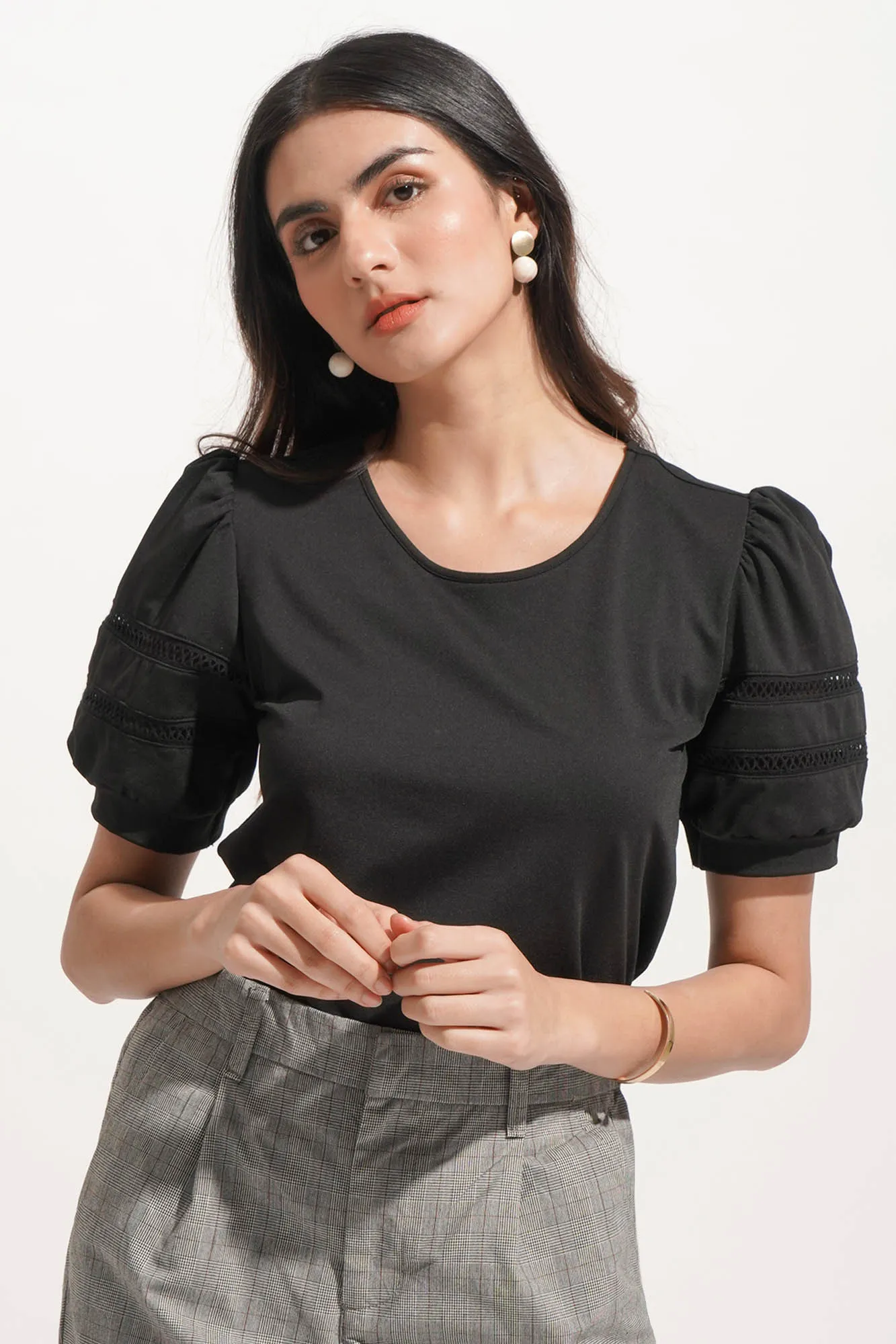 Puff Sleeve Tee with Openwork Detail