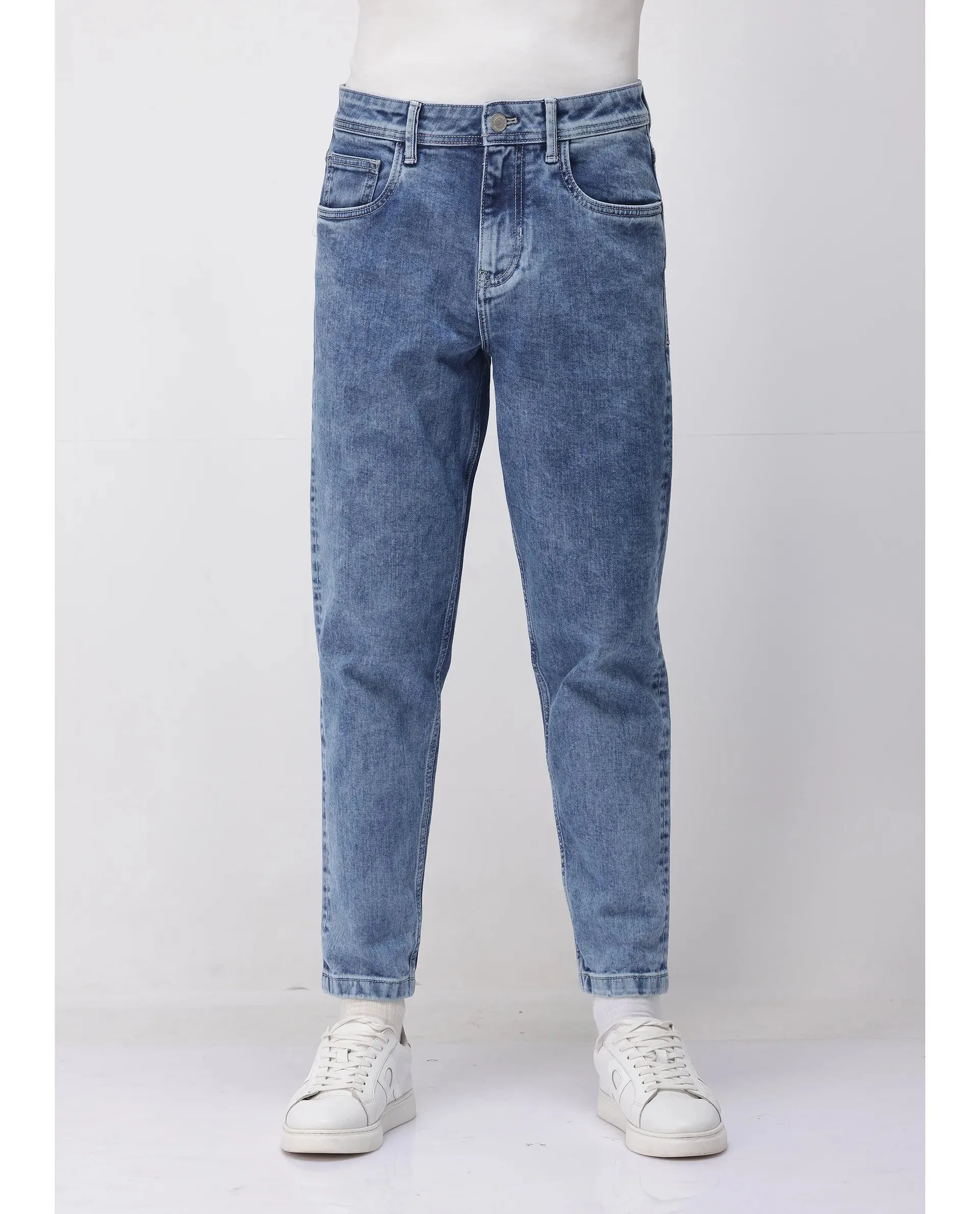 Rare Rabbit Men's Sam-2 Light Blue Mid-Wash Mid-Rise Carrot Fit Jeans