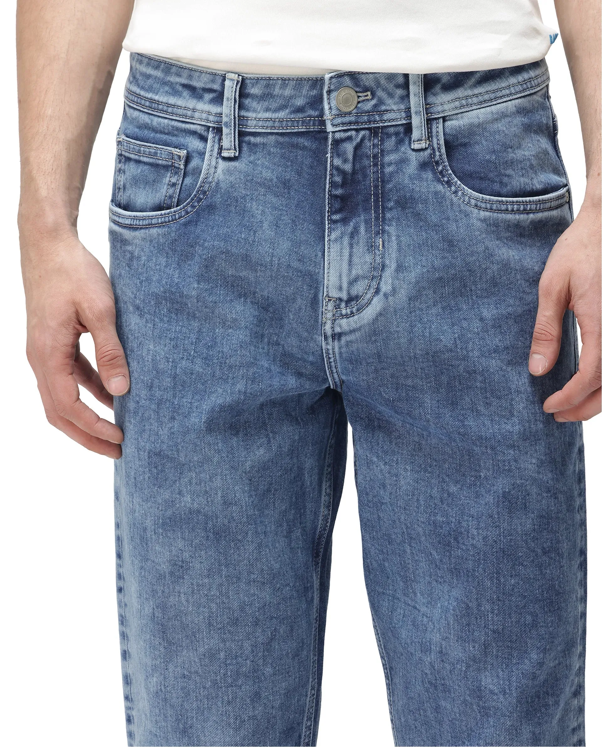 Rare Rabbit Men's Sam-2 Light Blue Mid-Wash Mid-Rise Carrot Fit Jeans