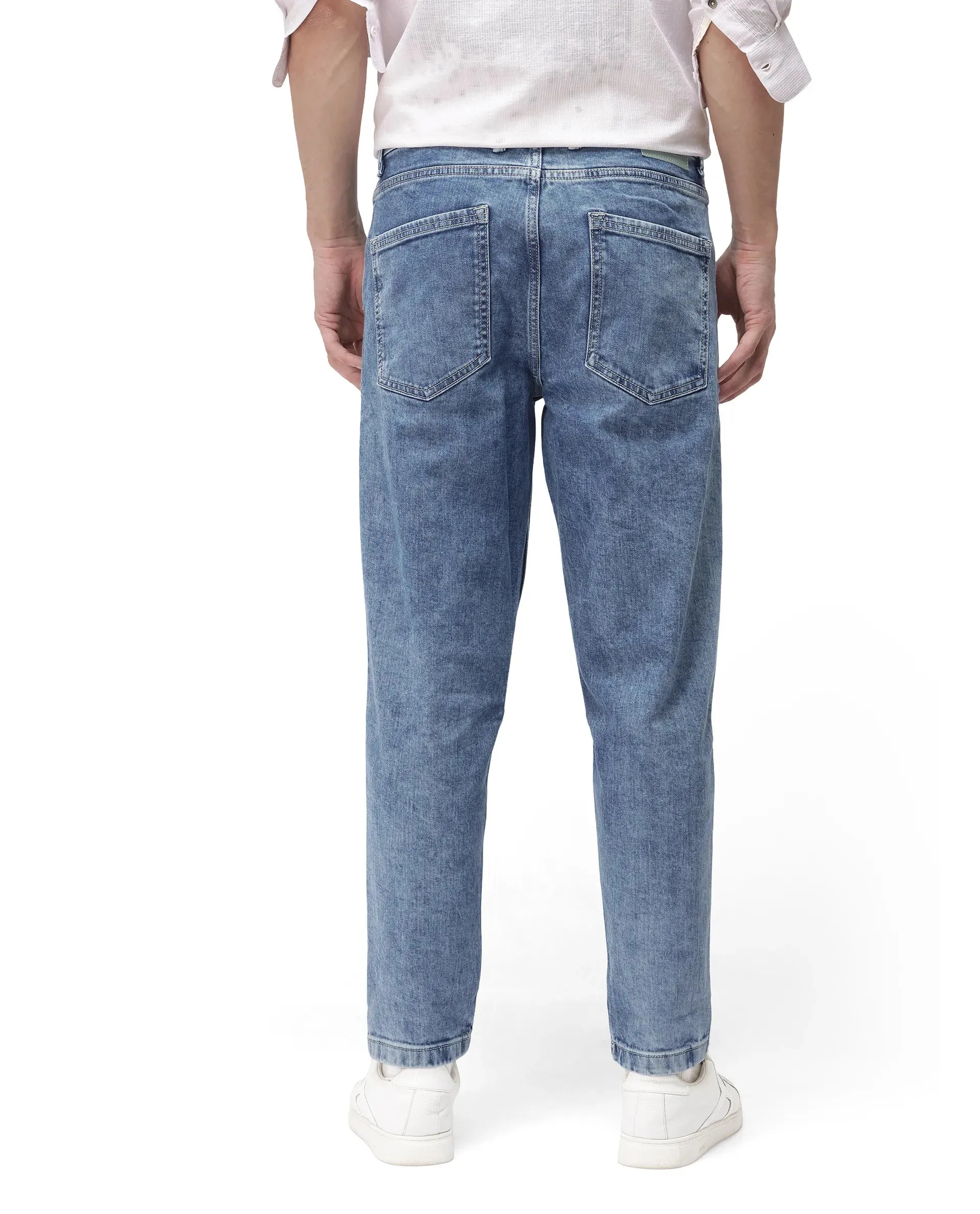 Rare Rabbit Men's Sam-2 Light Blue Mid-Wash Mid-Rise Carrot Fit Jeans
