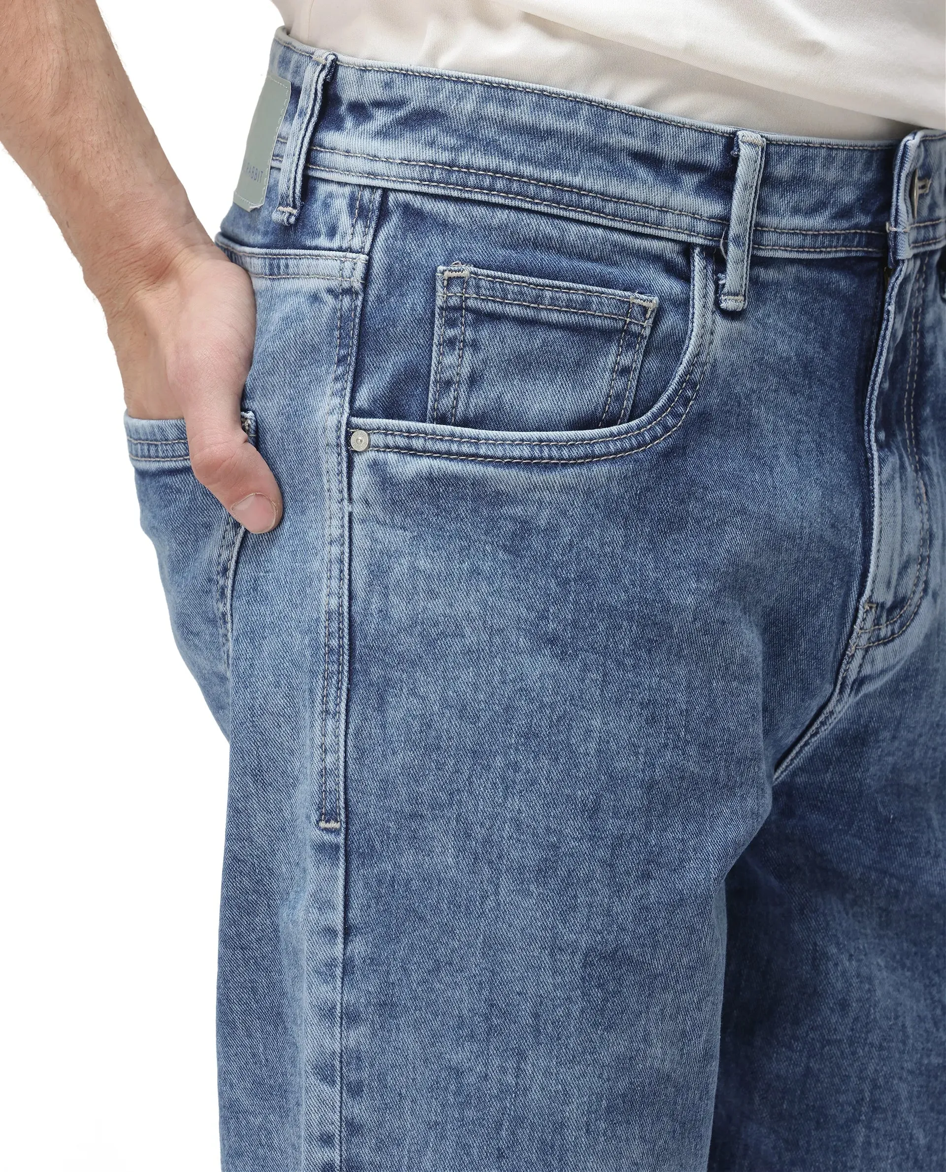 Rare Rabbit Men's Sam-2 Light Blue Mid-Wash Mid-Rise Carrot Fit Jeans