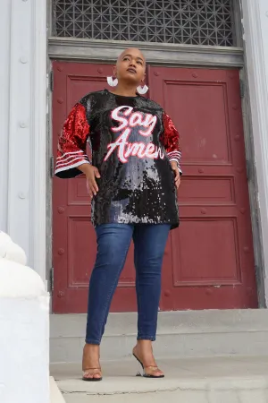 Red & Black Say Amen Sequin Top