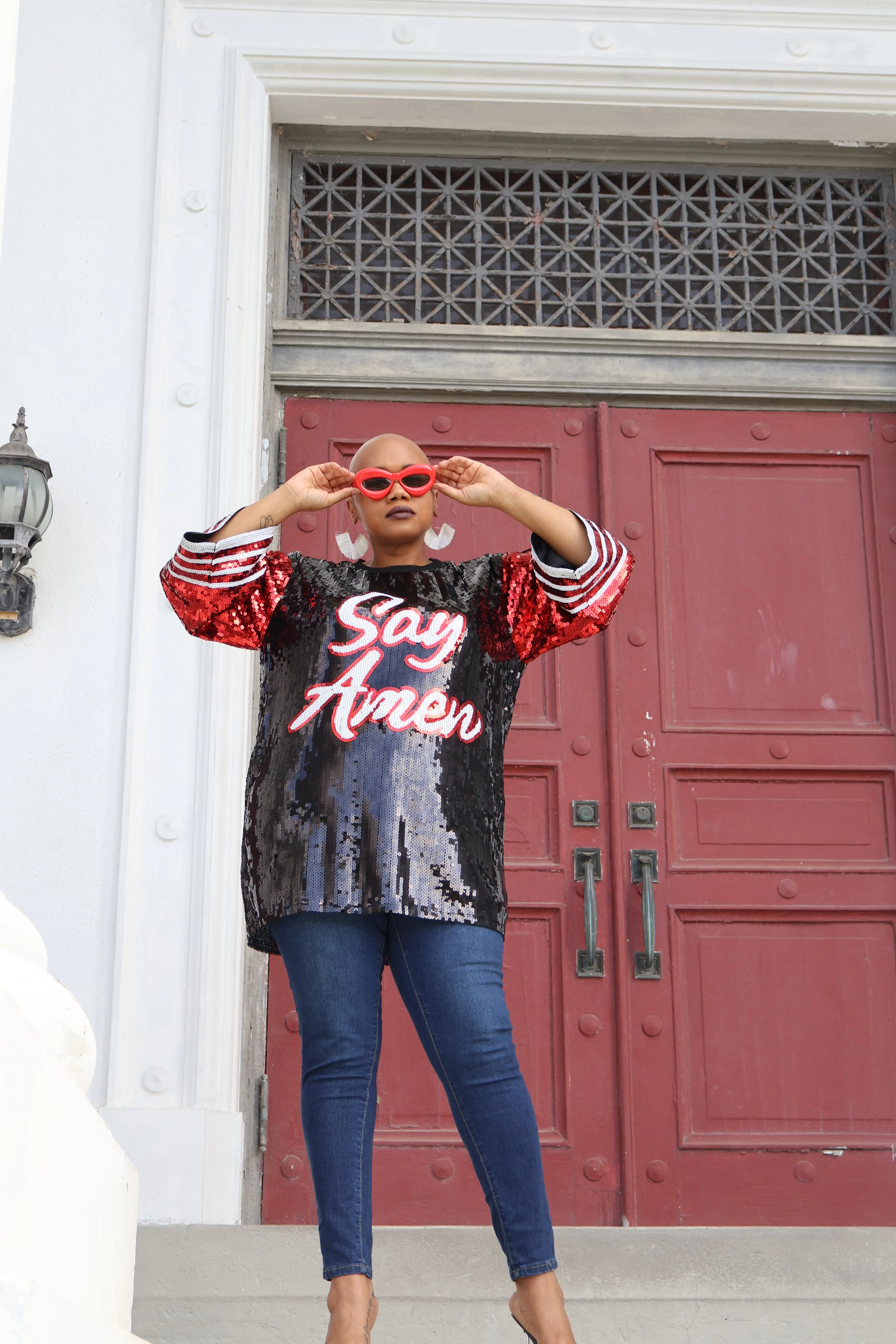 Red & Black Say Amen Sequin Top
