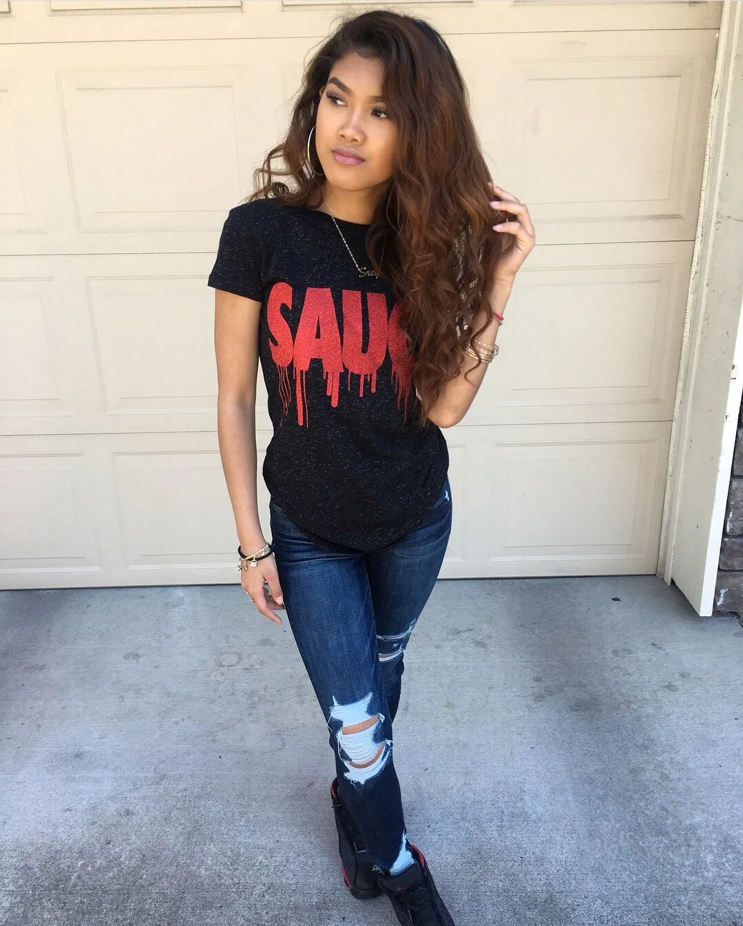 Red Glitter Sauce | Black Glitter Ladies Tee