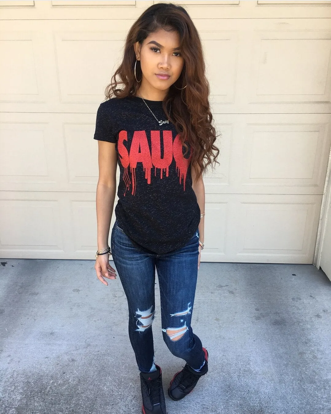 Red Glitter Sauce | Black Glitter Ladies Tee