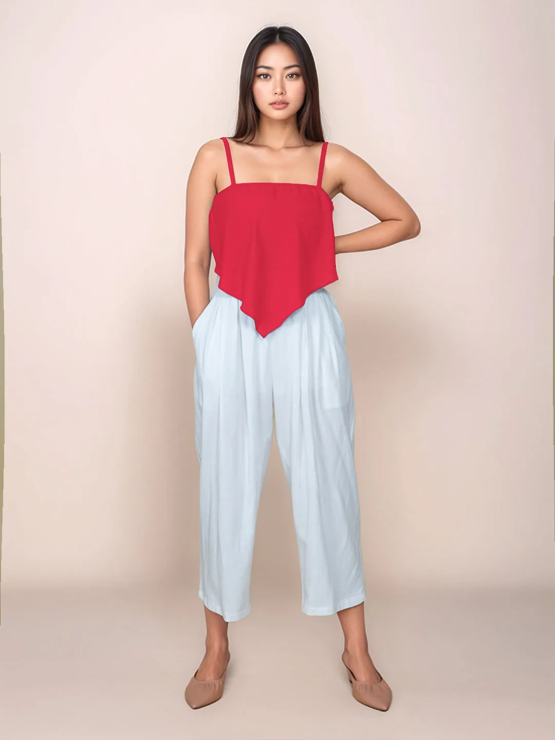 Red Solid Sleeveless Crop Top