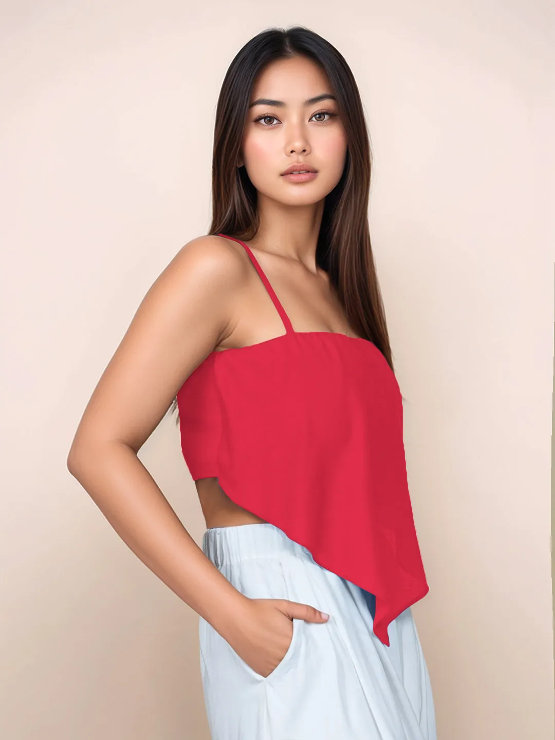 Red Solid Sleeveless Crop Top