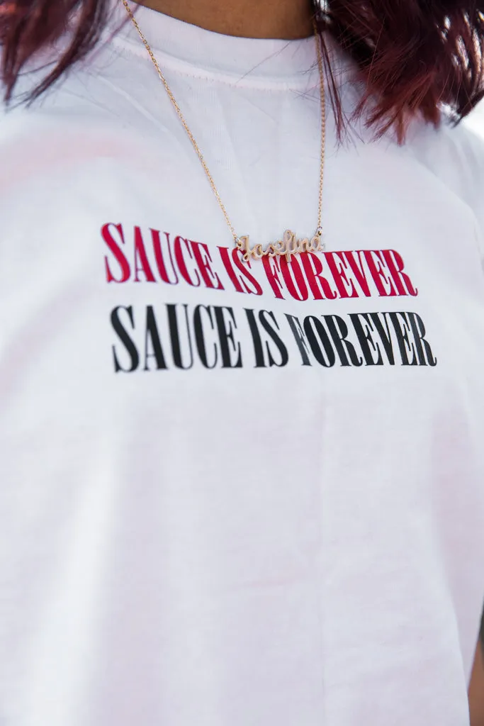 Red/Black Sauce Is Forever (Double Small) | White Tee (Double LOVE Sleeve)