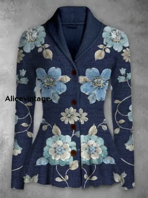 Retro Boho Floral Printed Elegant Lapel V-Neck Button Up Thick Knit Long-Sleeved Cardigan Top