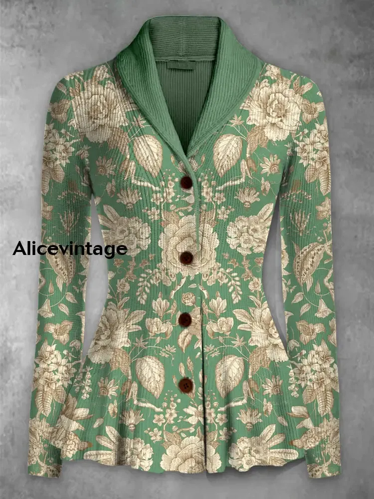 Retro Boho Floral Printed Elegant Lapel V-Neck Button Up Thick Knit Long-Sleeved Cardigan Top