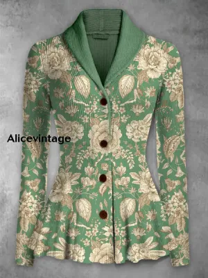 Retro Boho Floral Printed Elegant Lapel V-Neck Button Up Thick Knit Long-Sleeved Cardigan Top