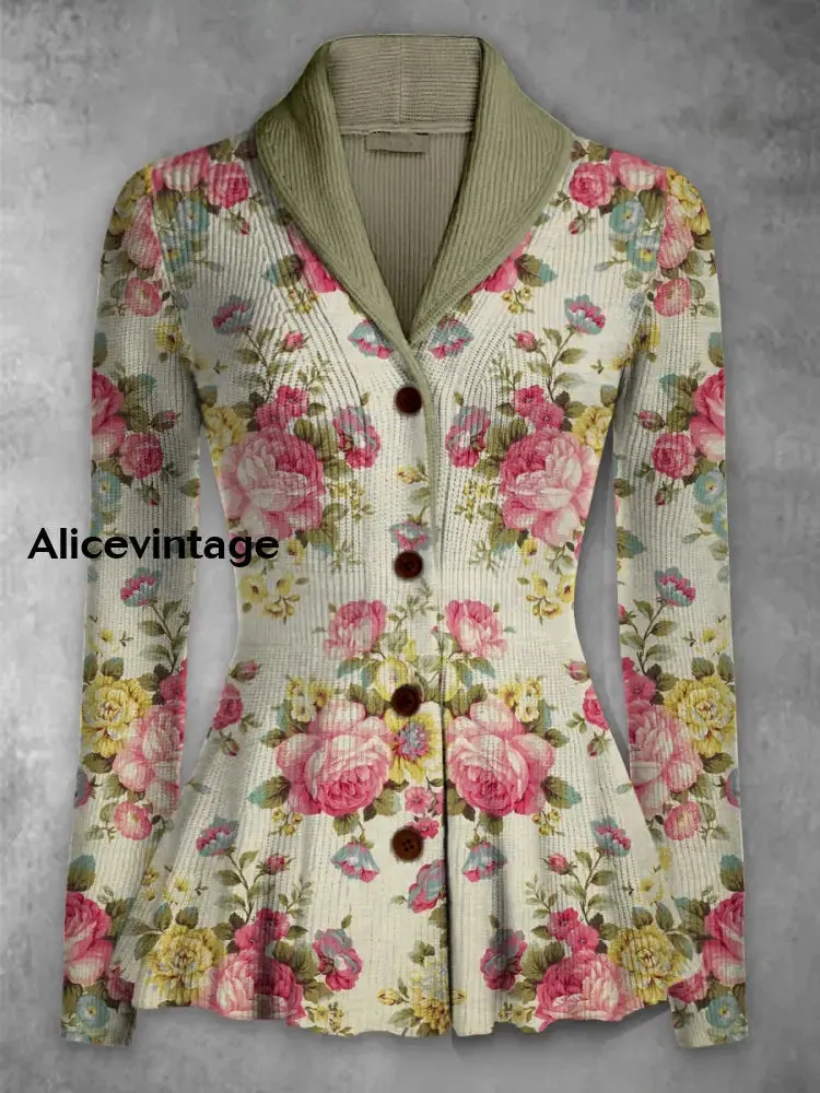 Retro Boho Floral Printed Elegant Lapel V-Neck Button Up Thick Knit Long-Sleeved Cardigan Top