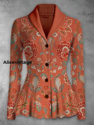 Retro Boho Floral Printed Elegant Lapel V-Neck Button Up Thick Knit Long-Sleeved Cardigan Top