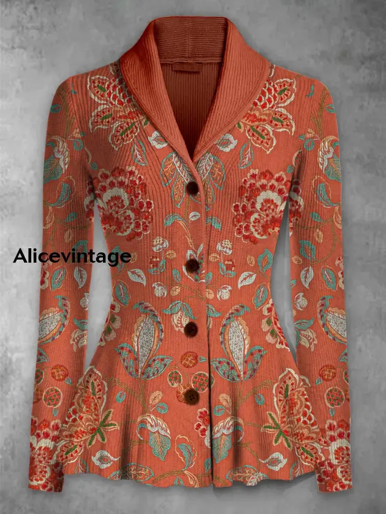 Retro Boho Floral Printed Elegant Lapel V-Neck Button Up Thick Knit Long-Sleeved Cardigan Top