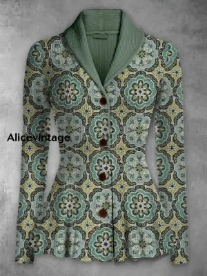 Retro Boho Floral Printed Elegant Lapel V-Neck Button Up Thick Knit Long-Sleeved Cardigan Top
