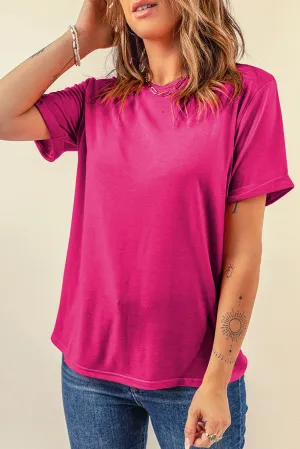 Rose Red Casual Plain Crew Neck Tee