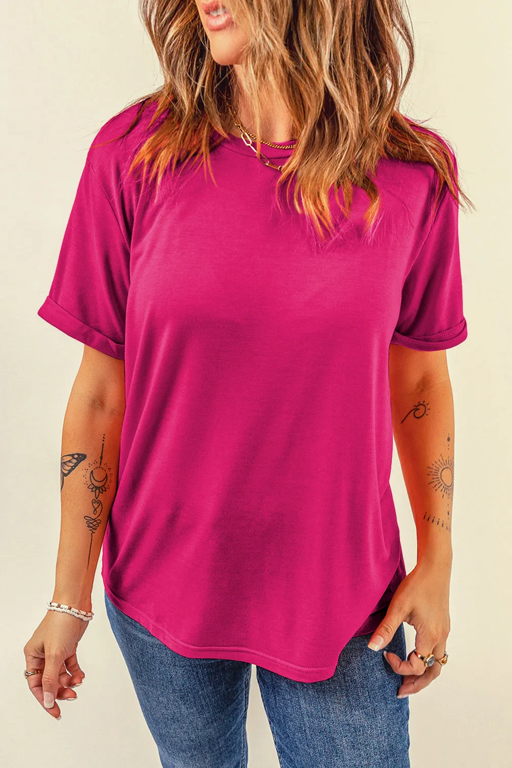 Rose Red Casual Plain Crew Neck Tee