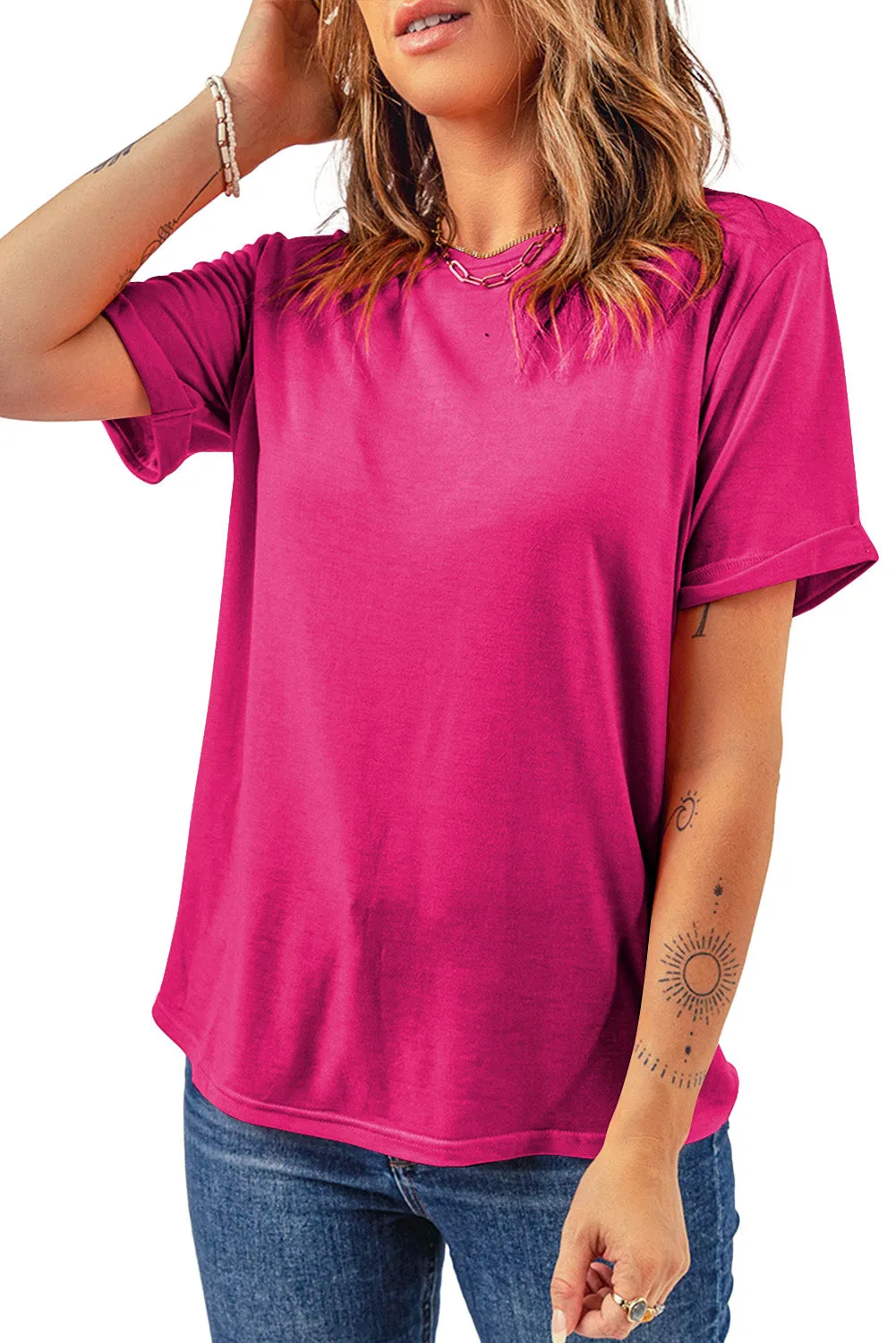 Rose Red Casual Plain Crew Neck Tee