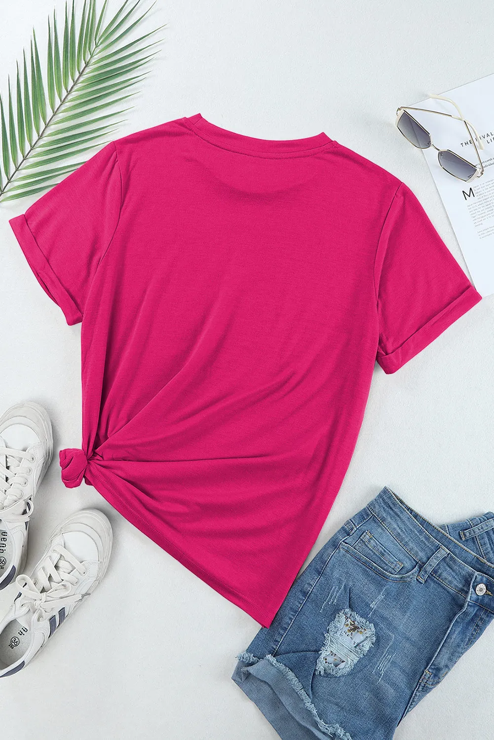 Rose Red Casual Plain Crew Neck Tee