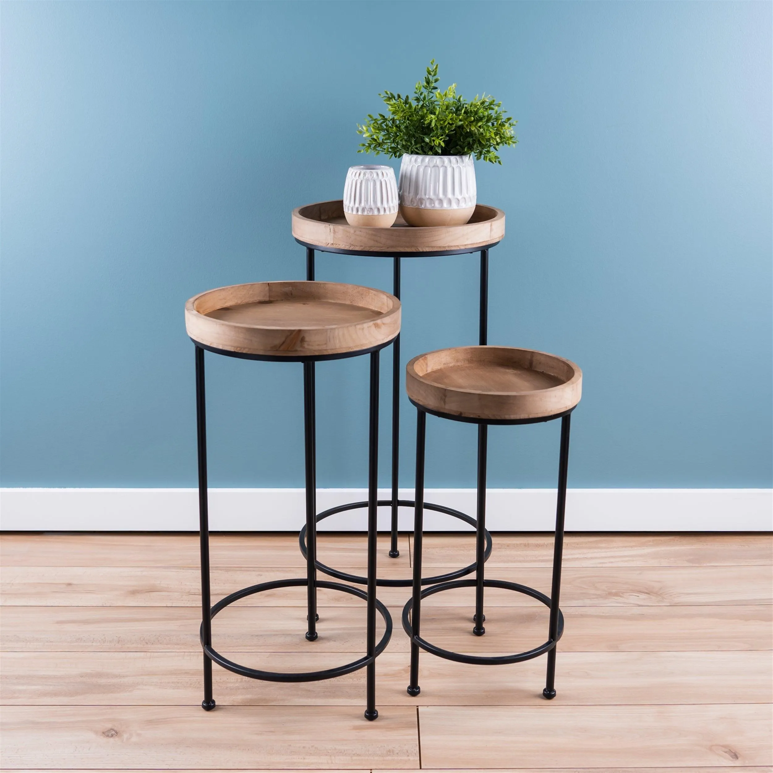 Round Wood and Metal Plant Stand Table (Set of 2)