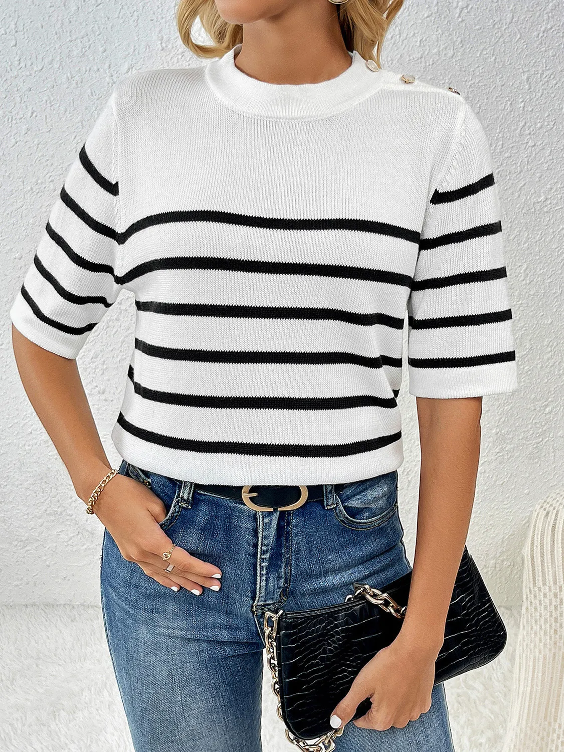 Rowan Striped Round Neck Half Sleeve Knit Top