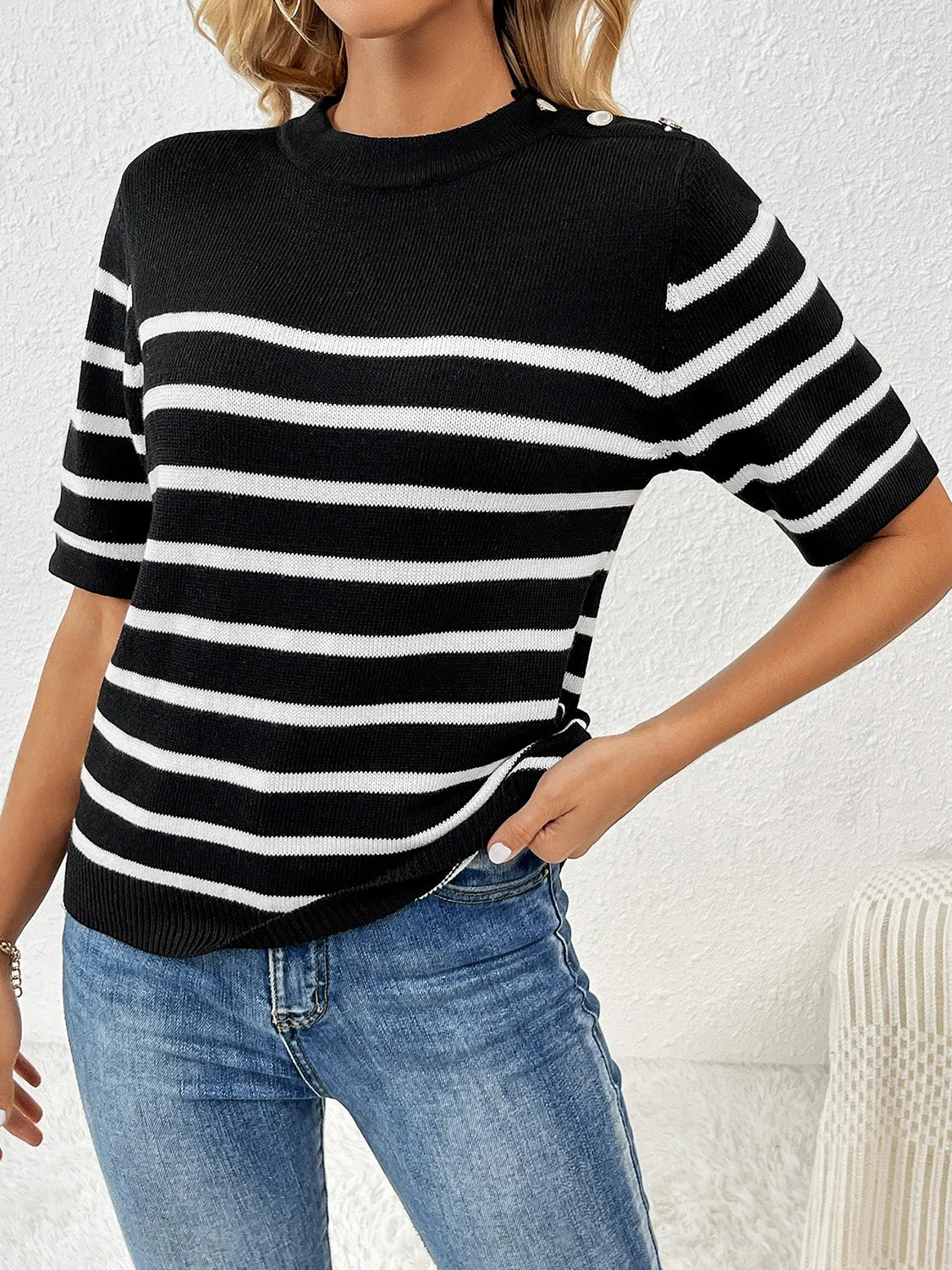 Rowan Striped Round Neck Half Sleeve Knit Top