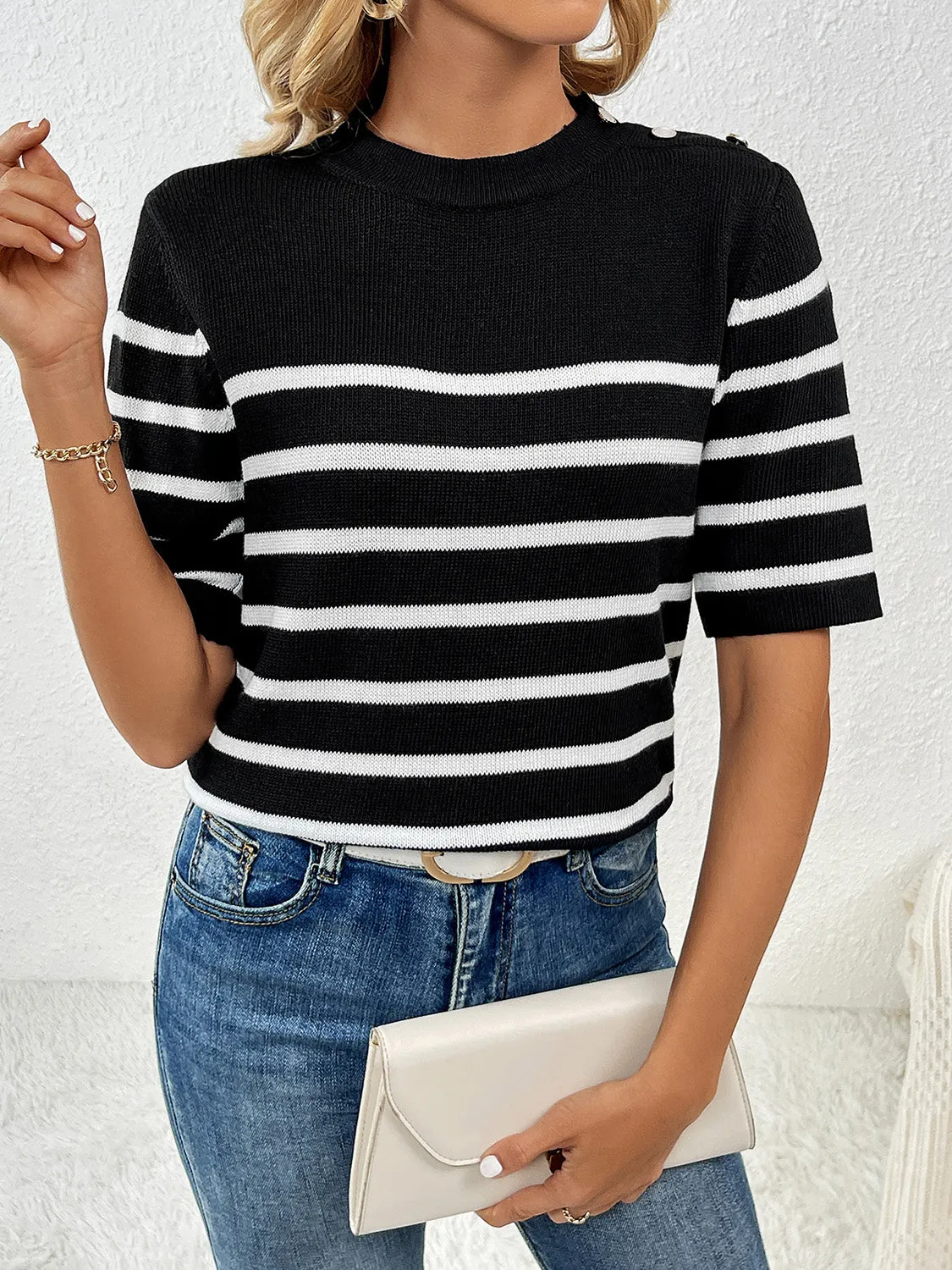 Rowan Striped Round Neck Half Sleeve Knit Top