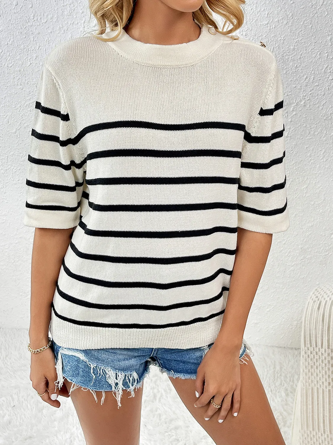 Rowan Striped Round Neck Half Sleeve Knit Top