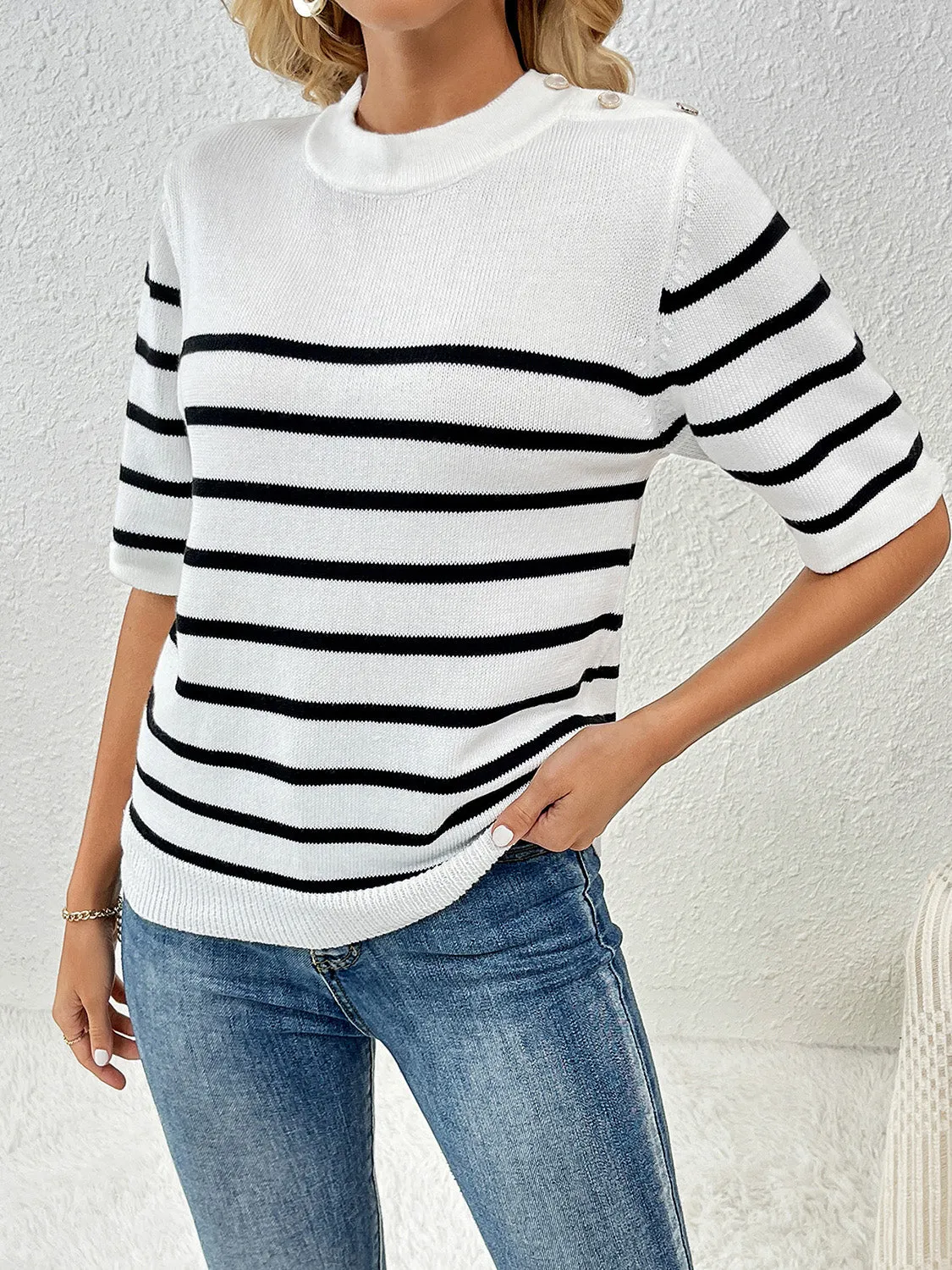 Rowan Striped Round Neck Half Sleeve Knit Top