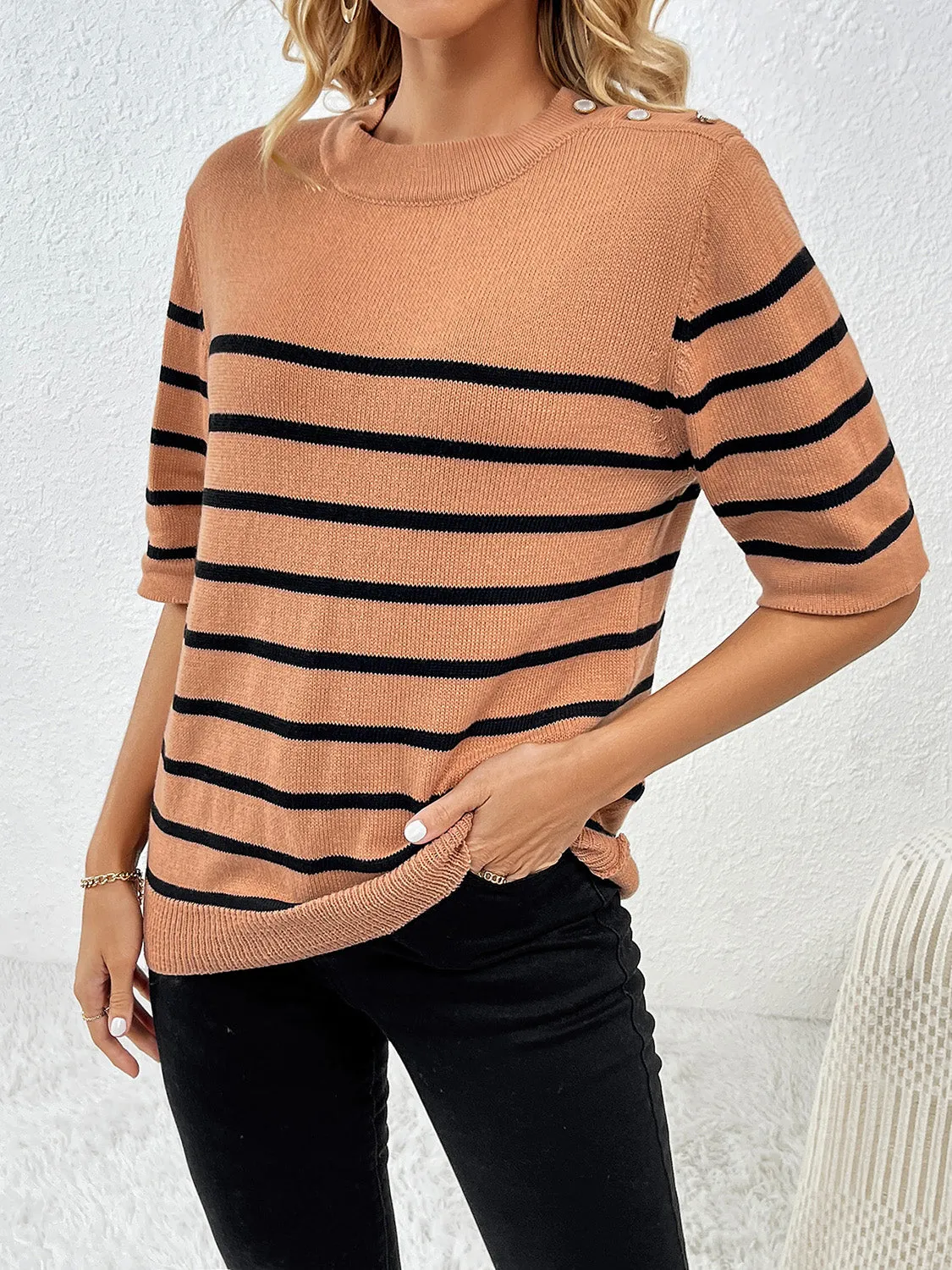 Rowan Striped Round Neck Half Sleeve Knit Top