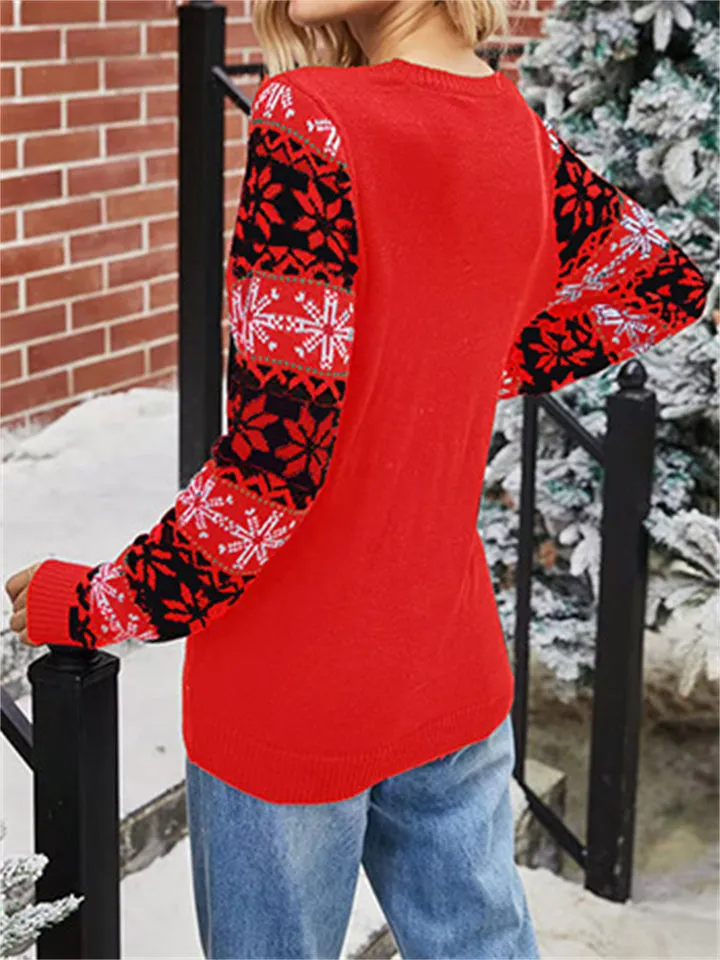 Santa Claus Embroidery Round Neck Pullover Women Knitted Sweater for Christmas Party
