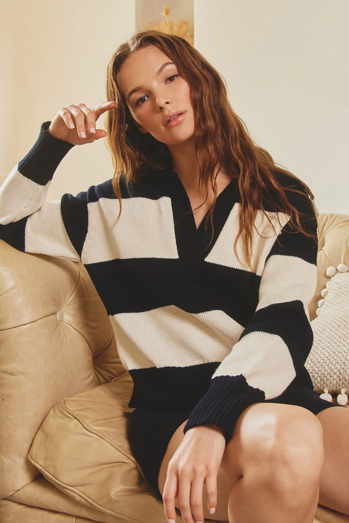 Sasha Relaxed Bold Stripe Collared Sweater