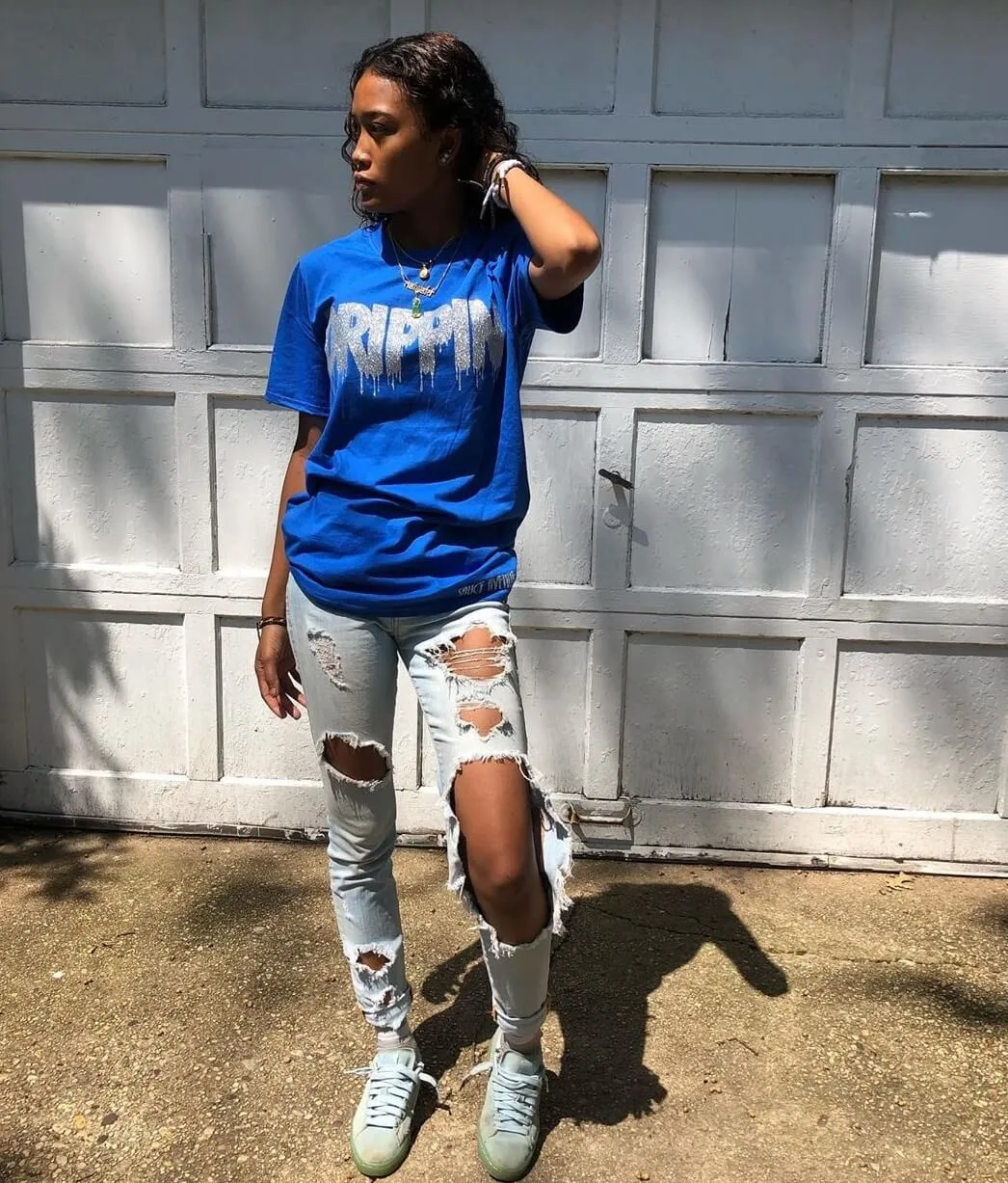 Silver Glitter Drippin | Blue Tee