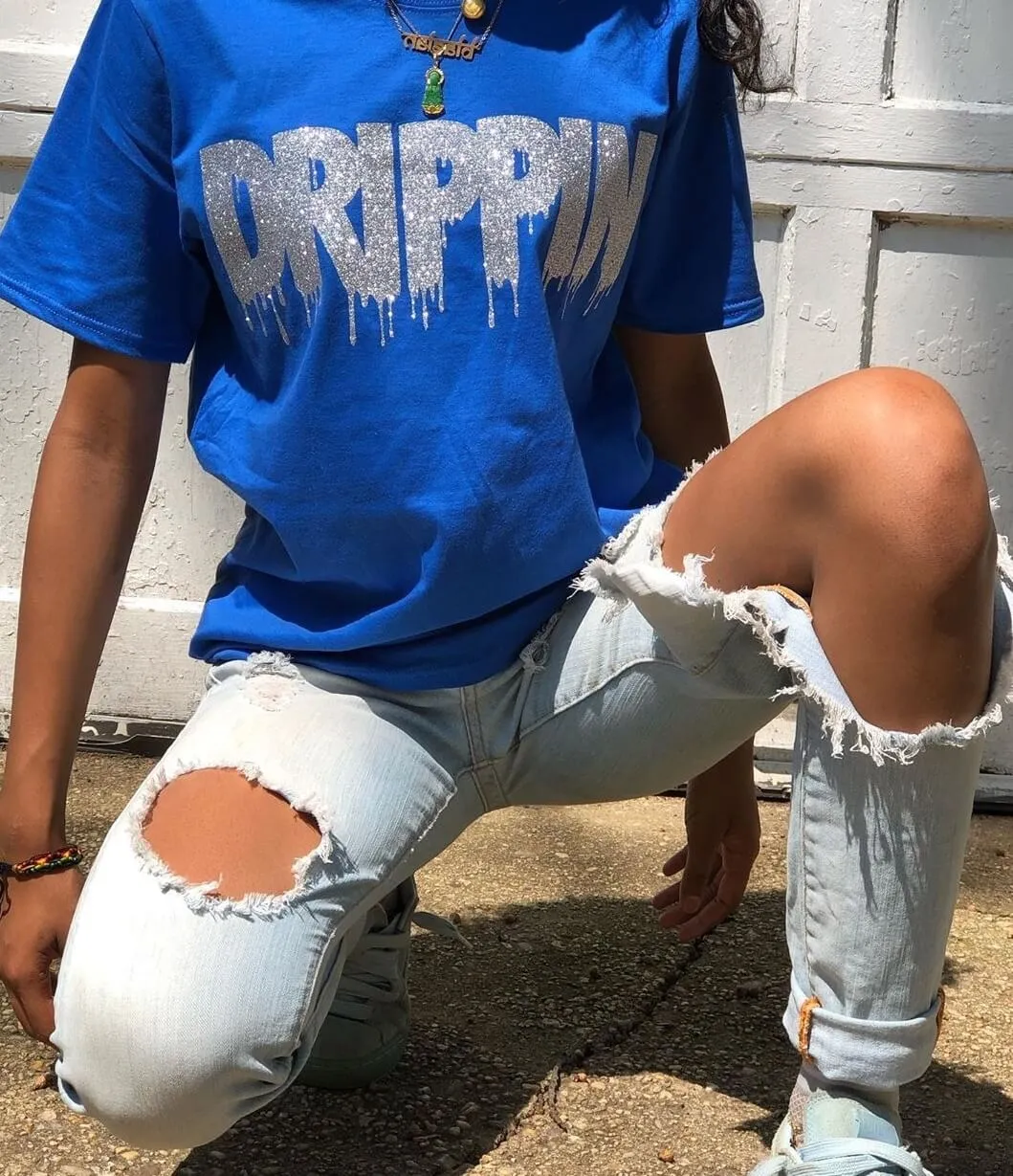 Silver Glitter Drippin | Blue Tee