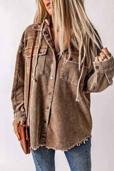 Snap Front Hooded Corduroy Shacket