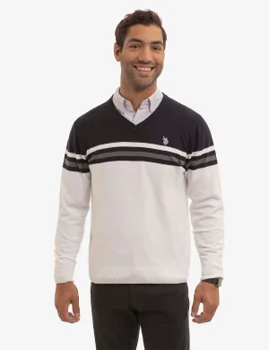 SOFT ENGINEERED STRIPE V-NECK SWEATER