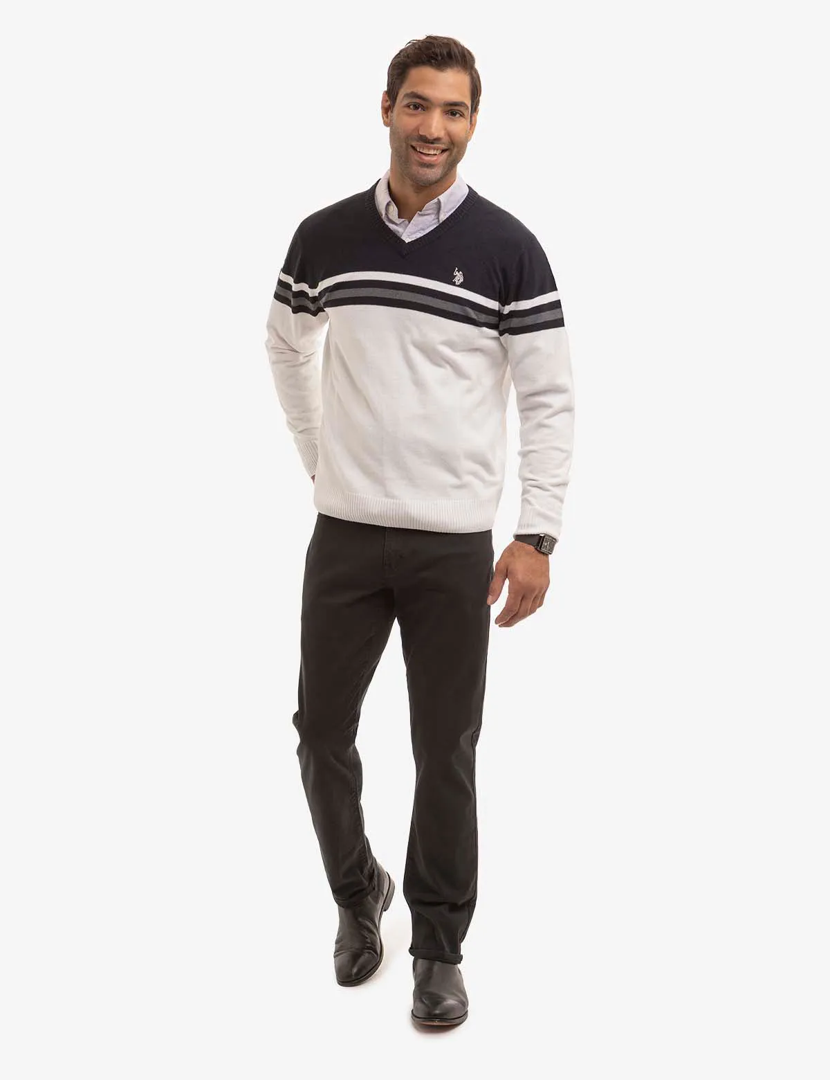 SOFT ENGINEERED STRIPE V-NECK SWEATER